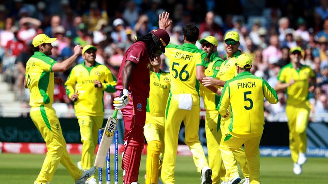 Third time lucky … Mitchell Starc finally trapped Chris Gayle LBW. Picture: Getty