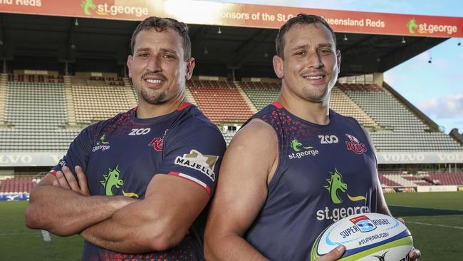 Reds twins and fellow props JP (left) and Ruan Smith. Picture: Brendan Hertel, QRU