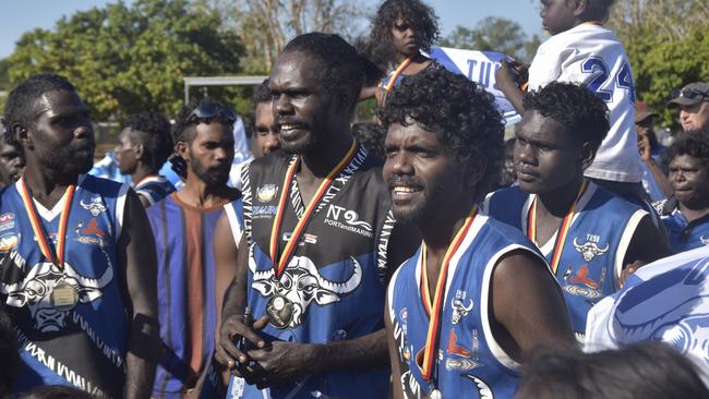 Buffaloes following the win in the Tiwi Island Football League grand final between Tuyu Buffaloes and Pumarali Thunder. Picture: Max Hatzoglou