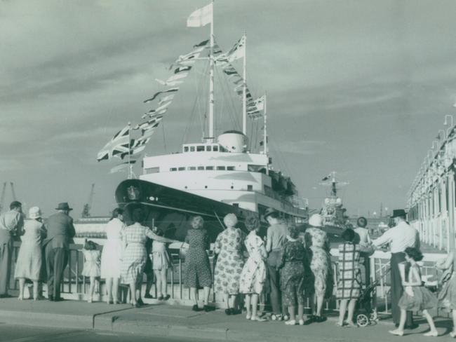 The Royal Yacht Britannia, anchored at Port Adelaide.