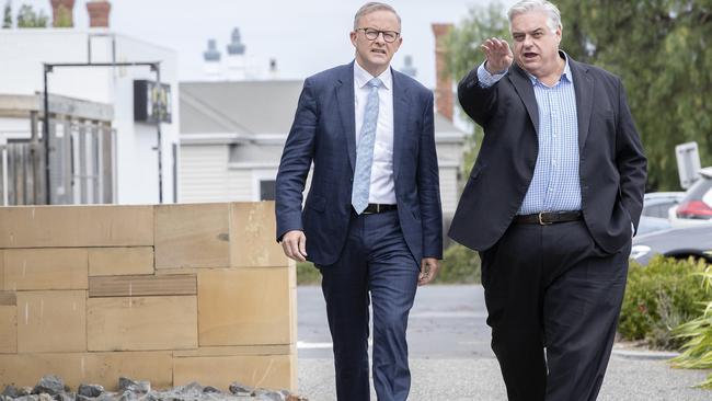 Labor leader Anthony Albanese and Lyons MP Brian Mitchell at Sorell. Picture: Chris Kidd