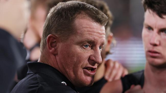 ADELAIDE, AUSTRALIA - MAY 03: Michael Voss, Senior Coach of the Blues during the 2025 AFL Round 08 match between the Adelaide Crows and the Carlton Blues at Adelaide Oval on May 3, 2025 in Adelaide, Australia. (Photo by James Elsby/AFL Photos via Getty Images)