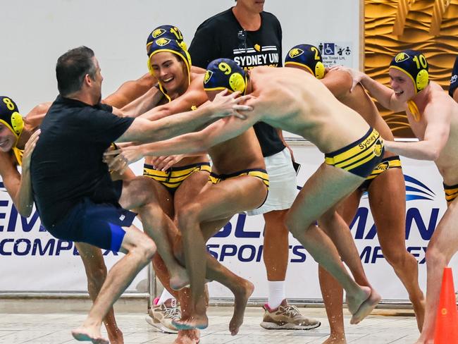 Sydney University Lions celebrate after winning the gold medal at the Australian Youth Water Polo Championships. Picture: Rogue Gun Photography and Media