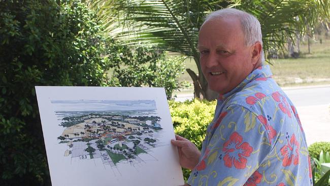 Mal Pratt back in 2001 with a drawing of his proposed Surfing World Sunshine Coast theme park at Mudjimba. Picture: Graeme Parkes