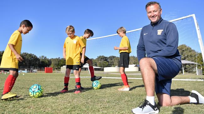 Student athletes Bodi Ahfock, Daniel Dawes, Cooper Renzulli and Jett Ford practice under the watch of Sunshine Coast Fire and Sunshine Coast Sports Club Academy director Melvyn Wilkes. The academy has attracted the attention of Netflix, which is filming a documentary series on its players. Picture: Patrick Woods