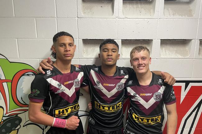 Marsden State High's Chris Vaimili Toalepai, Zack Lotaki and Nathan Phelps after their semi-final win. Picture: Andrew Dawson