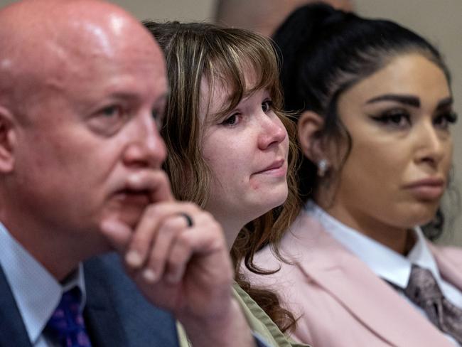 Hannah Gutierrez Reed, centre, with her lawyer Jason Bowles and paralegal Carmella Sisneros appear during her sentencing. Picture: Getty Images