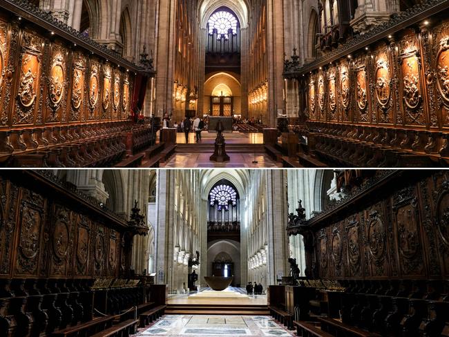 The restored choir stalls, pictured in 2018 (top) and 2024 (bottom). Picture: AFP