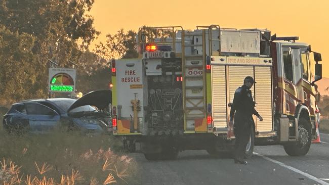 The westbound lane of the Capricorn Highway near the Yeppen Roundabout at Rockhampton was blocked after a two-vehicle crash in busy traffic just before 5pm on Tuesday, June 3.
