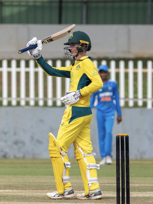 Steve Hogan celebrates his century for the Australian under-19s.