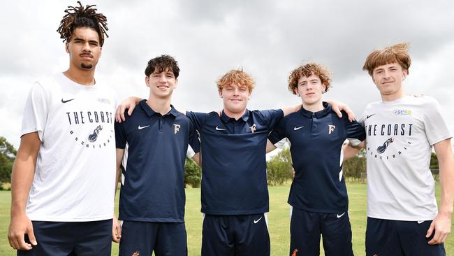 Sunshine Coast sporting academy basketball players Elijah Otasui, Oliver Armstrong, Todd Teichmann, Jedd Sparksman and Zeke O’Connell. Picture: Patrick Woods.