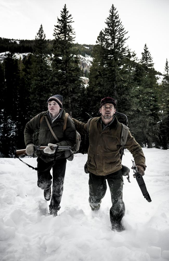 Wiggins and Bomer in Walking Out — the film was shot on location in the mountain ranges of Montana. Picture: Icon Films