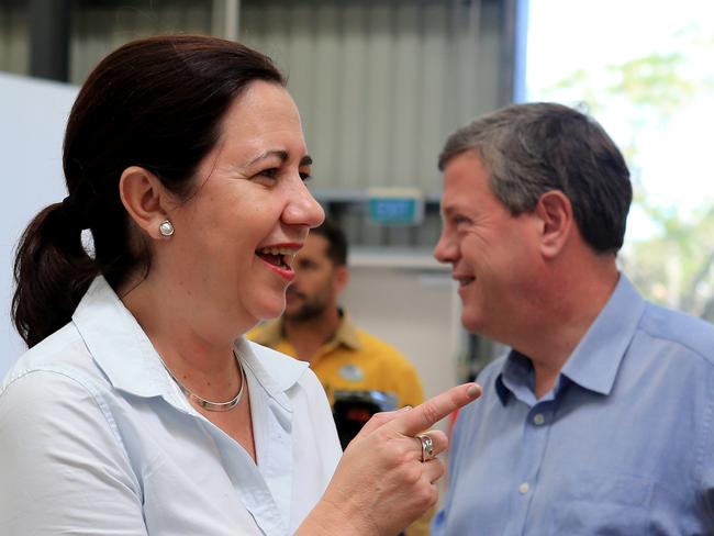 Premier Anastacia Palaszczuk with leader of the Opposition Tim Nicholls visit Ergon Energy and Energex workers at their Mackay depot. Pics Tim Marsden