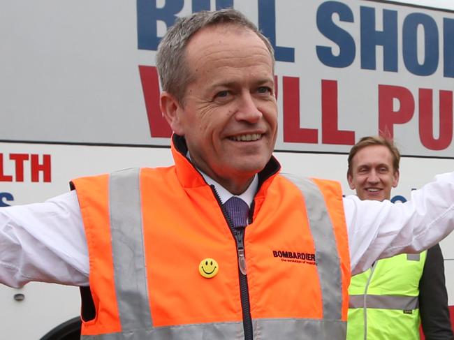 Opposition Leader Bill Shorten visiting Bombardier rail transport manufacturers in Melbourne. Picture Kym Smith