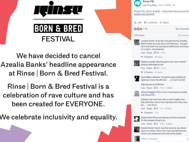 Azealia Banks has been axed from the Rinse FM Born &amp; Bred Festival. Picture: Facebook/Rinse FM