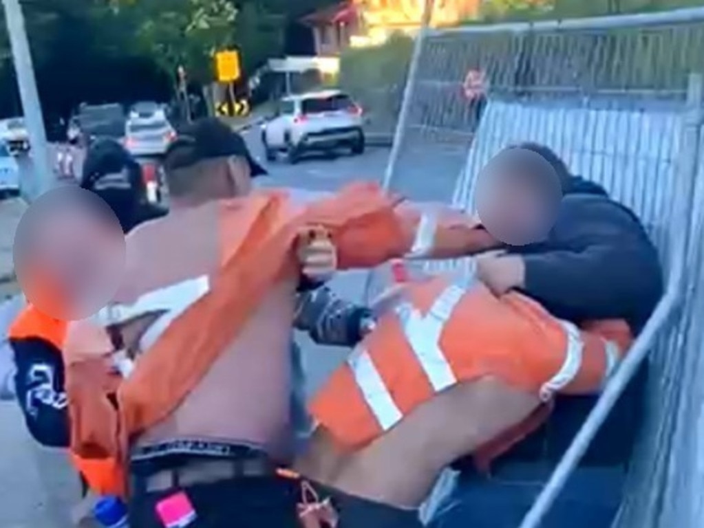 The brawl involving CFMEU members and Cross River Rail workers outside the Dutton Park Cross River Rail site in May.