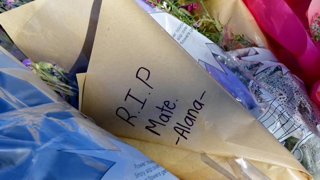 Tributes left at the intersection of Norrie and Gowrie Ave in Whyalla Norrie, for Caleb Scott. Picture: Bianca De Marchi