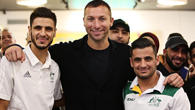 Ian Thorpe with Olympian Safwan Khalil (L) and Ali Khalil (R). Picture: Adam Yip