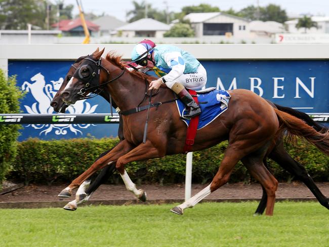 Sheiswhatsheis (rails) is shadowed by eventual winner Tina Melina at Doomben last month. Picture: Tara Croser