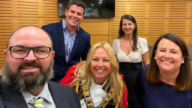 Team Pinson: Deputy Mayor Adam Roberts, Cr Josh Slade, Mayor Peta Pinson, Cr Sharon Griffiths and Cr Danielle Maltman, at their swearing in ceremony last year. Picture: Team Pinson 2021