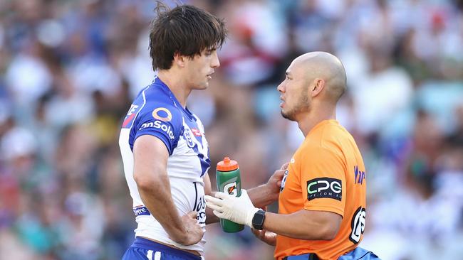 Lachlan Lewis of the Bulldogs was allowed to play on despite wobbling away from a tackle. Picture: Cameron Spencer/Getty Images