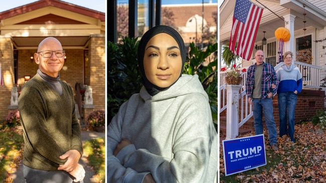 From left: Detroit voter Hawley Harmon is a Harris supporter; Trump fan ‘Maha’ comes from Michigan’s largely Arab city of Dearborn; fellow Dearborn residents Terry and Laura Burke are also Trump supporters.