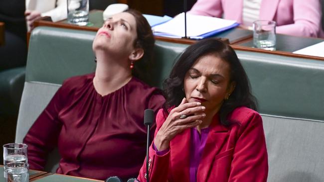 Anika Wells and Anne Aly during Question Time at Parliament House in Canberra. Picture: NCA NewsWire