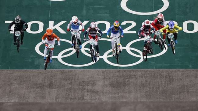 Australia’s Saya Sakalkibara during the BMX racing men’s and women’s semi-finals at the Ariake Urban Skate Park in Tokyo. Picture: Alex Coppel