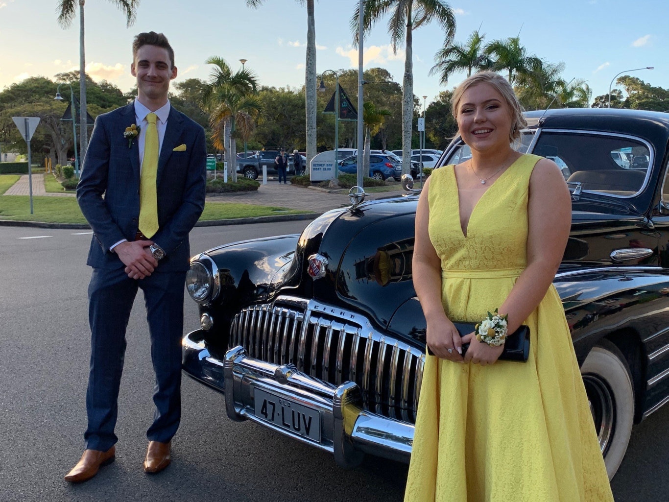 Mackenzie Biden and Jack Mott arrive in style at the Fraser Coast Anglican College formal.