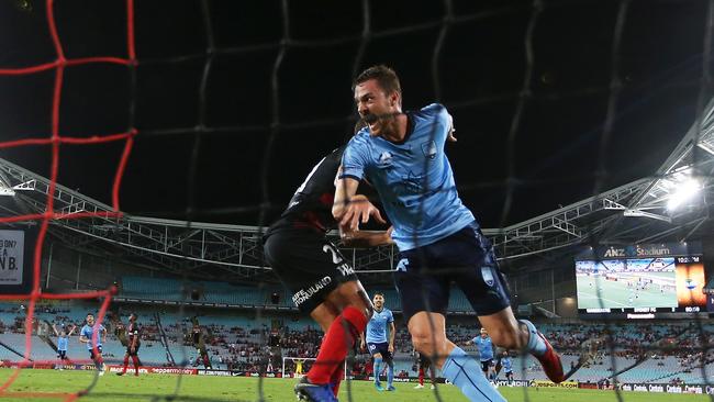 Jacob Tratt celebrates his goal in his first A-league appearance for the club. Picture. Phil Hillyard