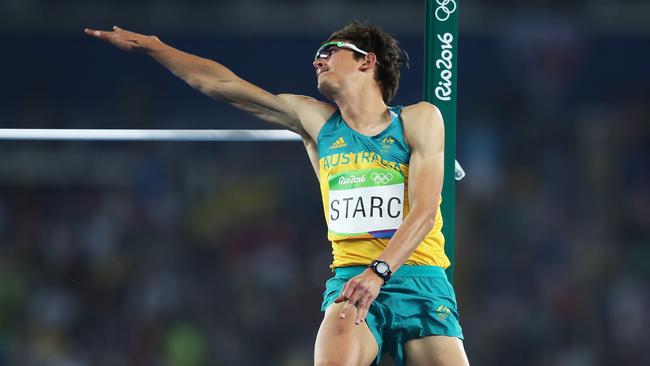 Starc clears a jump during qualifying. Picture: Brett Costello