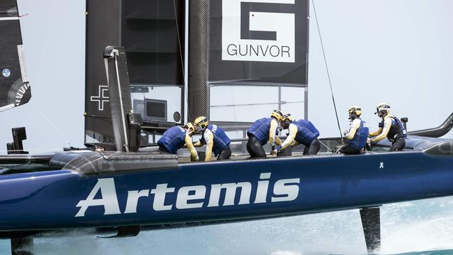 Artemis Racing Sweden, skippered by Nathan Outteridge, races during the deciding race of the 35th America's Cup Challenger Playoffs Semi-finals against SoftBank Team Japan.