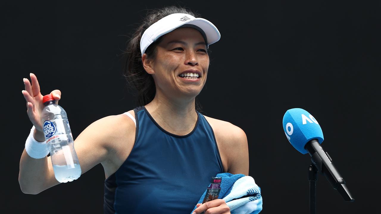 Su-Wei Hsieh of Chinese Taipei is interviewed on court following victory in her Women's Singles fourth round match against Marketa Vondrousova of Czech Republic.