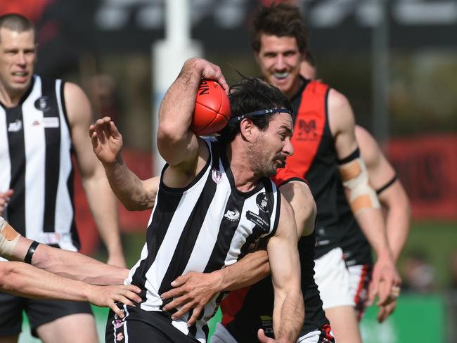 SOUTHERN FOOTBALL LEAGUE GRAND FINAL. A Grade men Morphett Vale v Reynella at Flinders Uni Oval on the 17th September, 2022. ReynellaÃs no 23 Steven Farrelly with the ball. Picture: Tricia Watkinson