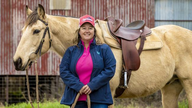 Shannon Brown and her horses on her farm at Bridgewater. Picture: Zoe Phillips