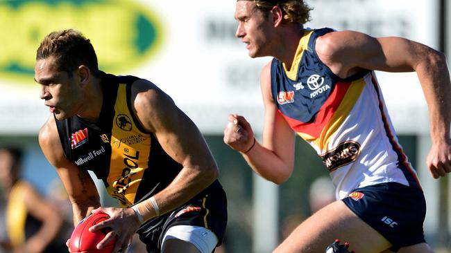 Glenelg's Dominic Barry breaks away against the Crows. Picture: Mark Brake