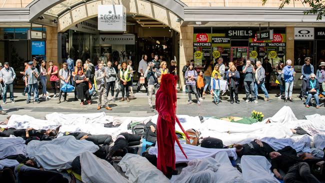 Protesters during the Extinction Rebellion 'Die In' climate change peaceful protest that took place in Rundle Mall in 2019. Picture: Morgan Sette