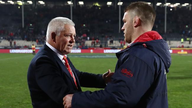 Lions coach Warren Gatland shakes hands with flanker Sean O’Brien after beating the Crusaders.