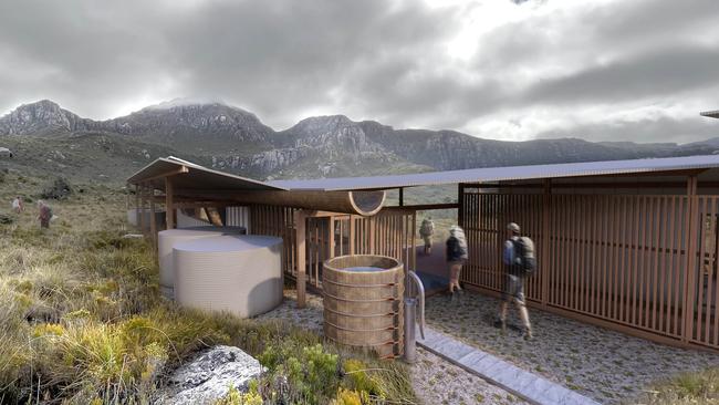 Artist’s impression of Lake Mary Hut on the proposed Next Iconic Walk near the Tyndall Range. Picture: Supplied/JAWS Architects