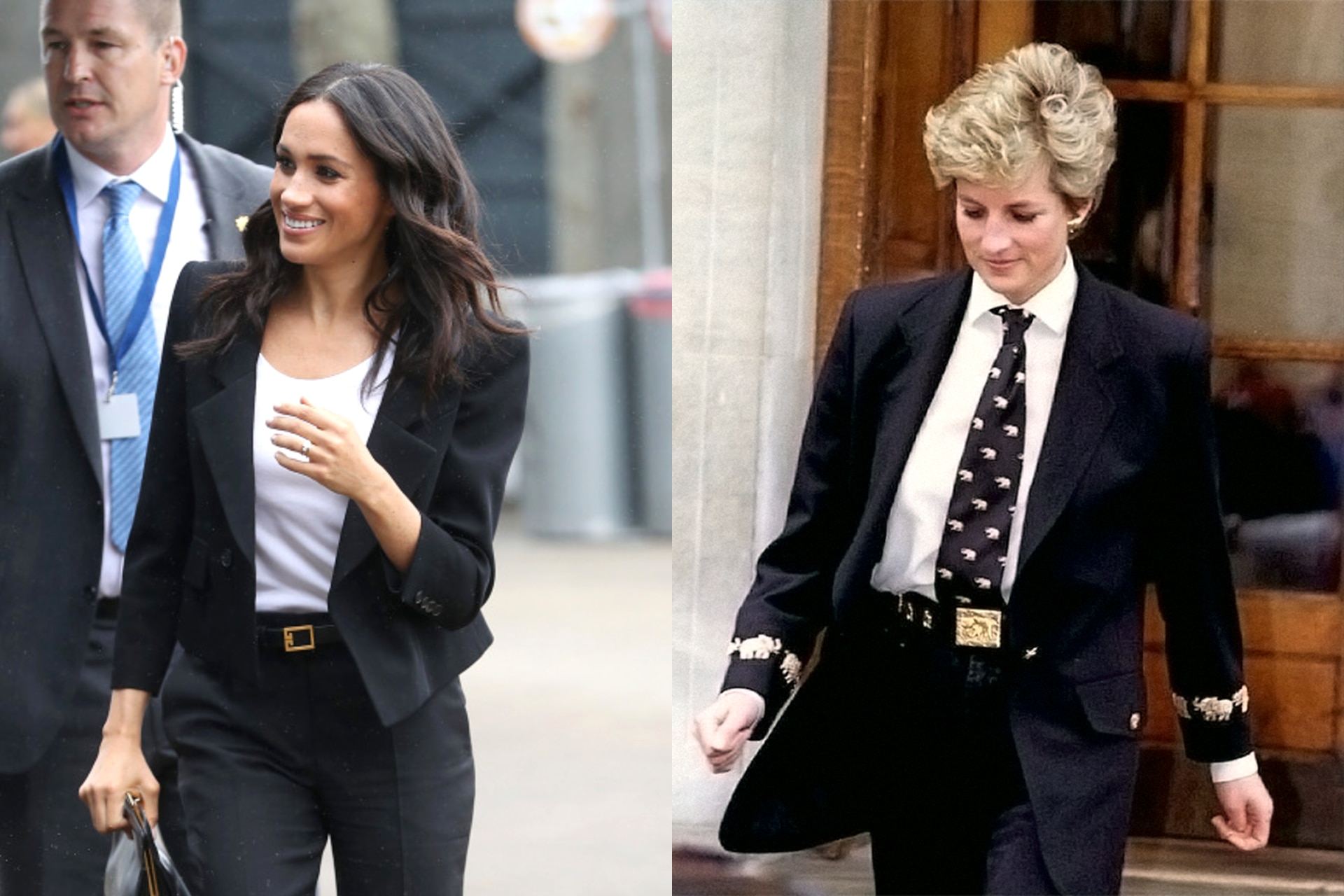 <h2>Meghan Markle (2018) and Princess Diana (1994)</h2><p>Perhaps it's unsurprising that the former star of <em>Suits</em> is similarly enamoured with the sartorial staple. While the Duchess of Sussex's Alexander McQueen was a touch more businesslike, Princess Diana's own suit was schoolboy-esque, worn with a tie and as an oversized silhouette, oozing with irreverence.</p>