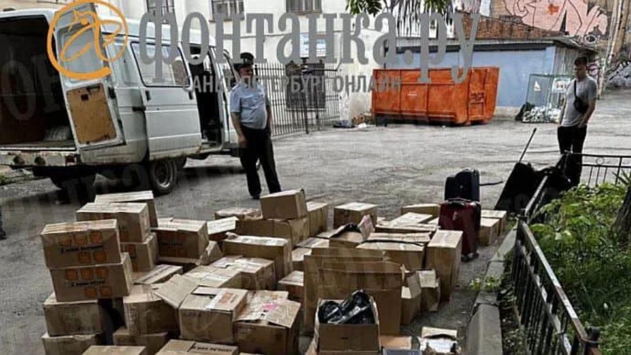 The boxes of money raided from the Gazel mini-van at the Trezzini Hotel near Prigozhin's office. Picture: Telegram / Fontanka