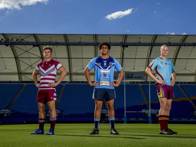 Titans Cup rugby league preview.  Jack Kelly, 17 (St Michael's College),  Aston Bai, 17 (Marymount College) and  Jack Hudson, 16 (Keebra Park SHS),  at Cbus Super Stadium, Robina.  Picture: Jerad Williams