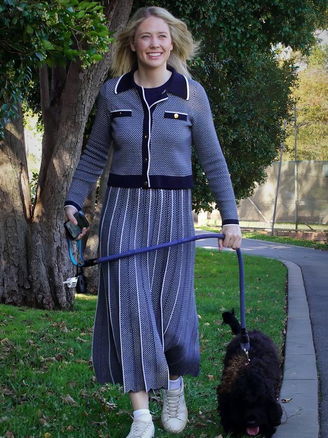 Liberal candidate for Kooyong Amelia Hamer, with her dog, in Hawthorn on May 6. Picture: Luis Enrique Ascui