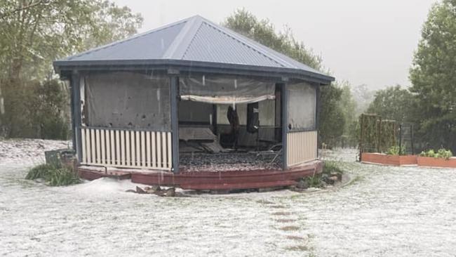 A winter wonderland at Flaxton after hail came down on the Sunshine Coast during storms. Photo: Kristen Brearley