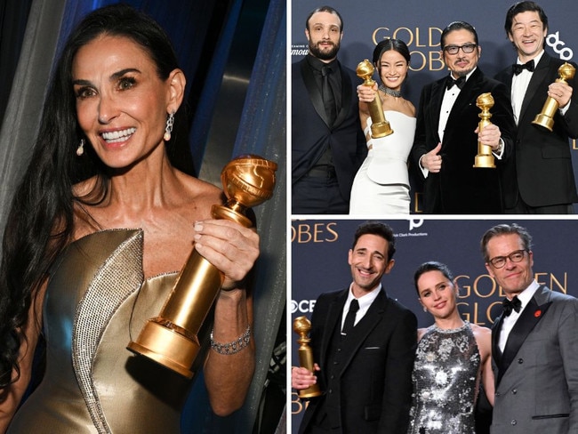 Clockwise from main: Demi Moore; Shogun cast Cosmo Jarvis, Anna Sawai, Hiroyuki Sanada, Tadanobu Asano; The Brutalist star Adrien Brody with fellow cast members Felicity Jones and Guy Pearce. Picture: Getty Images