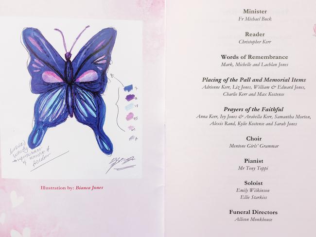 Order of Service booklet for the funeral of Bianca Jones who died in Laos after methanol poisoning at a backpackers bar. Picture: NewsWire/Ian Currie