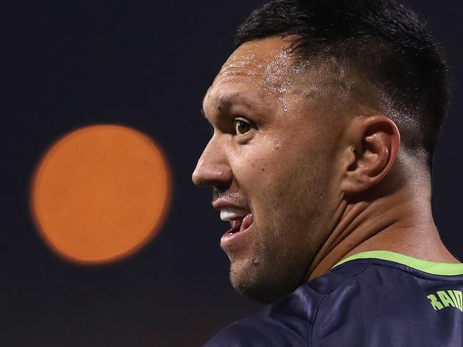 SYDNEY, AUSTRALIA - JUNE 13: Jordan Rapana of the Raiders warms up before the round five NRL match between the Wests Tigers and the Canberra Raiders at Campbelltown Stadium on June 13, 2020 in Sydney, Australia. (Photo by Mark Kolbe/Getty Images)