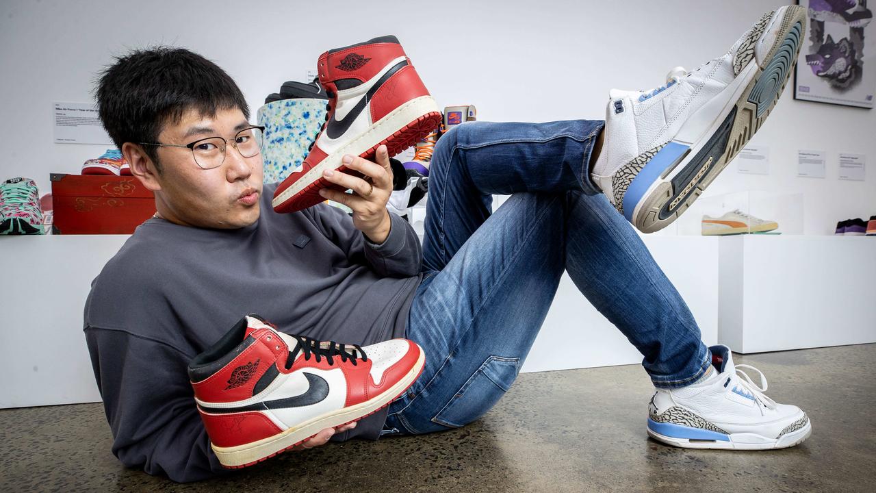 Sneaker collector Michael Fan with his prized pair of Air Jordan Chicago sneakers, which were worn by basketball super star Michael Jordan during the 1985-86 NBA season. Picture: Jake Nowakowski