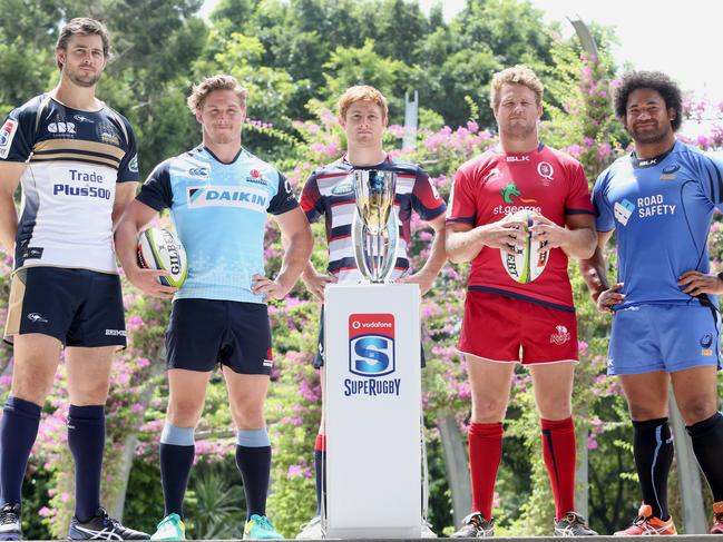 Super Rugby Season Launch. Leaders from the Super Rugby teams from Australia, Sam Carter, (brumbies) Michael Hooper (Waratahs) Nic Stirzaker (Rebels) James Slipper (reds) and Tatafu Polota-Nau, (Force).  Pic Jono Searle.