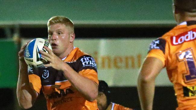 No.8 Tom Flegler with ball as Broncos face Wynnum Manly at Kougari Oval, Wynnum, Saturday February 23, 2019. (AAP/Image Sarah Marshall)